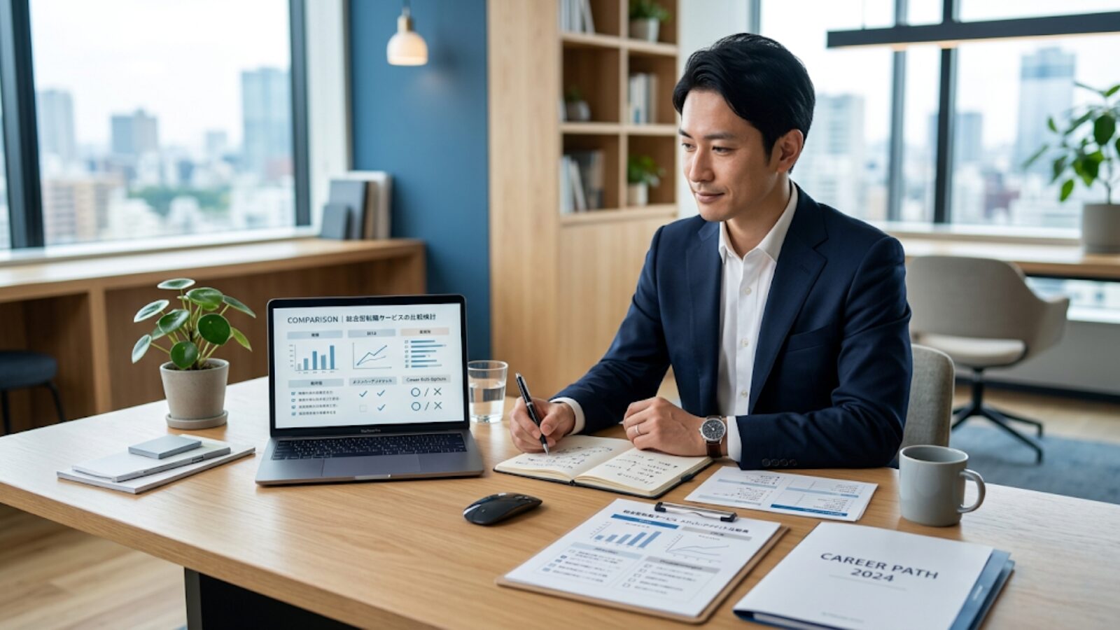 総合型転職サービスのメリットとデメリットを比較検討するビジネスパーソン