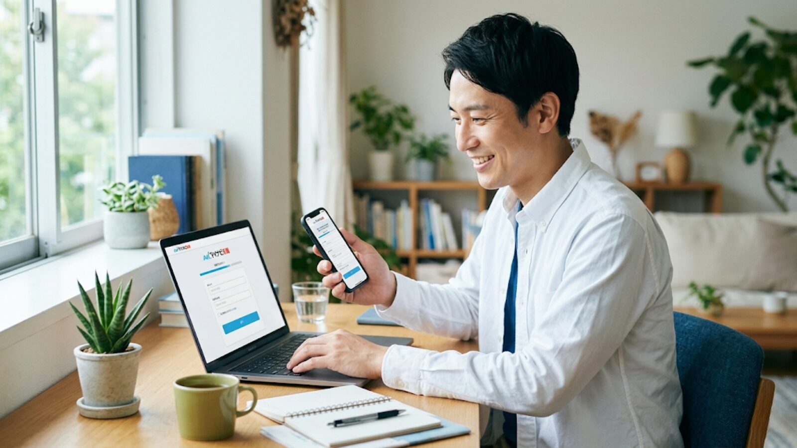 日本人のビジネスパーソンがノートPCやスマートフォンで転職サービスに登録しているシーン。